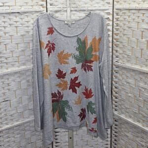 Astrologie XXL Gray Fall Leaf Print Rhinestone Sharkbite Tunic Top Long Sleeve